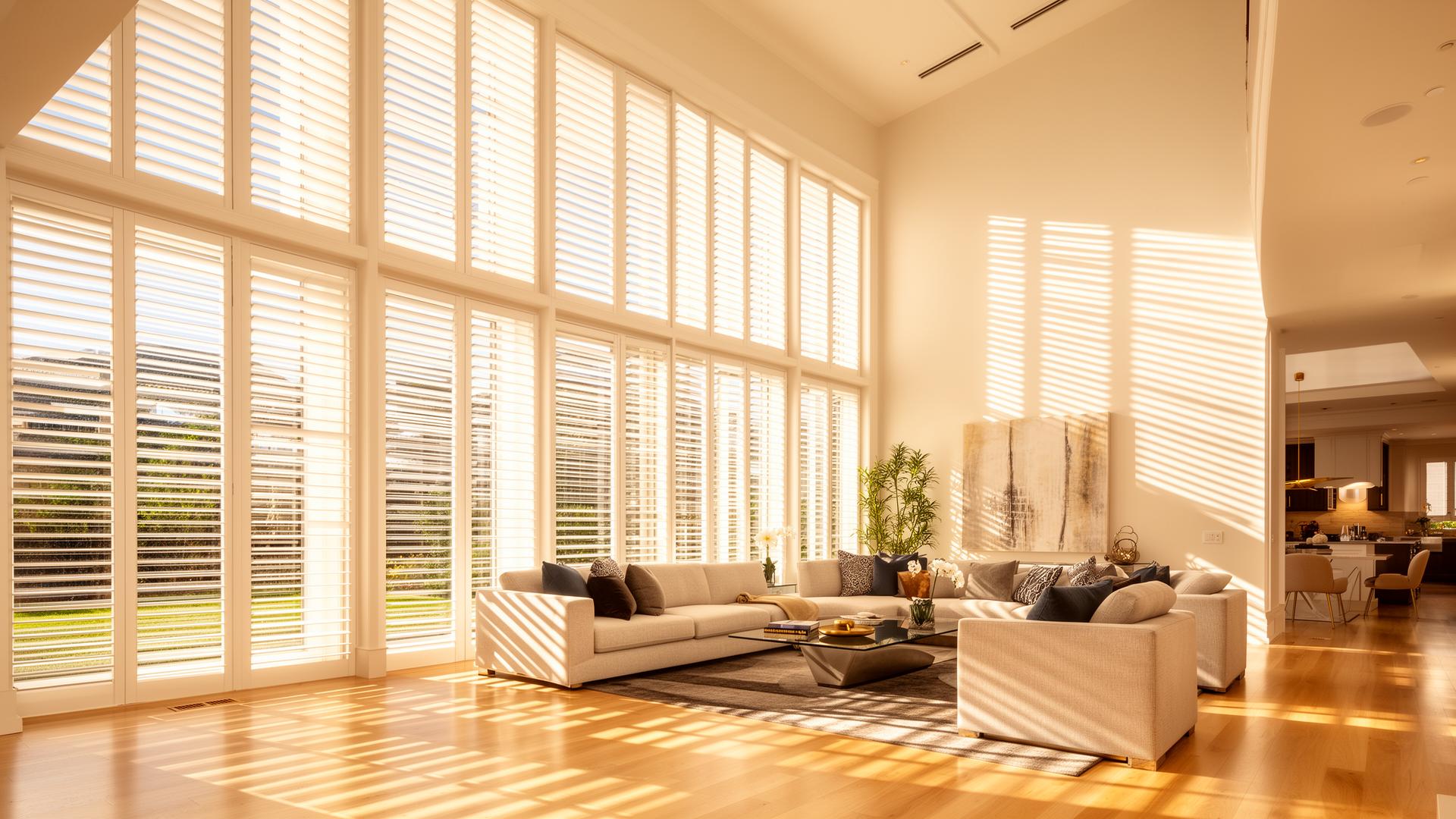 Luxury living room with custom plantation shutters